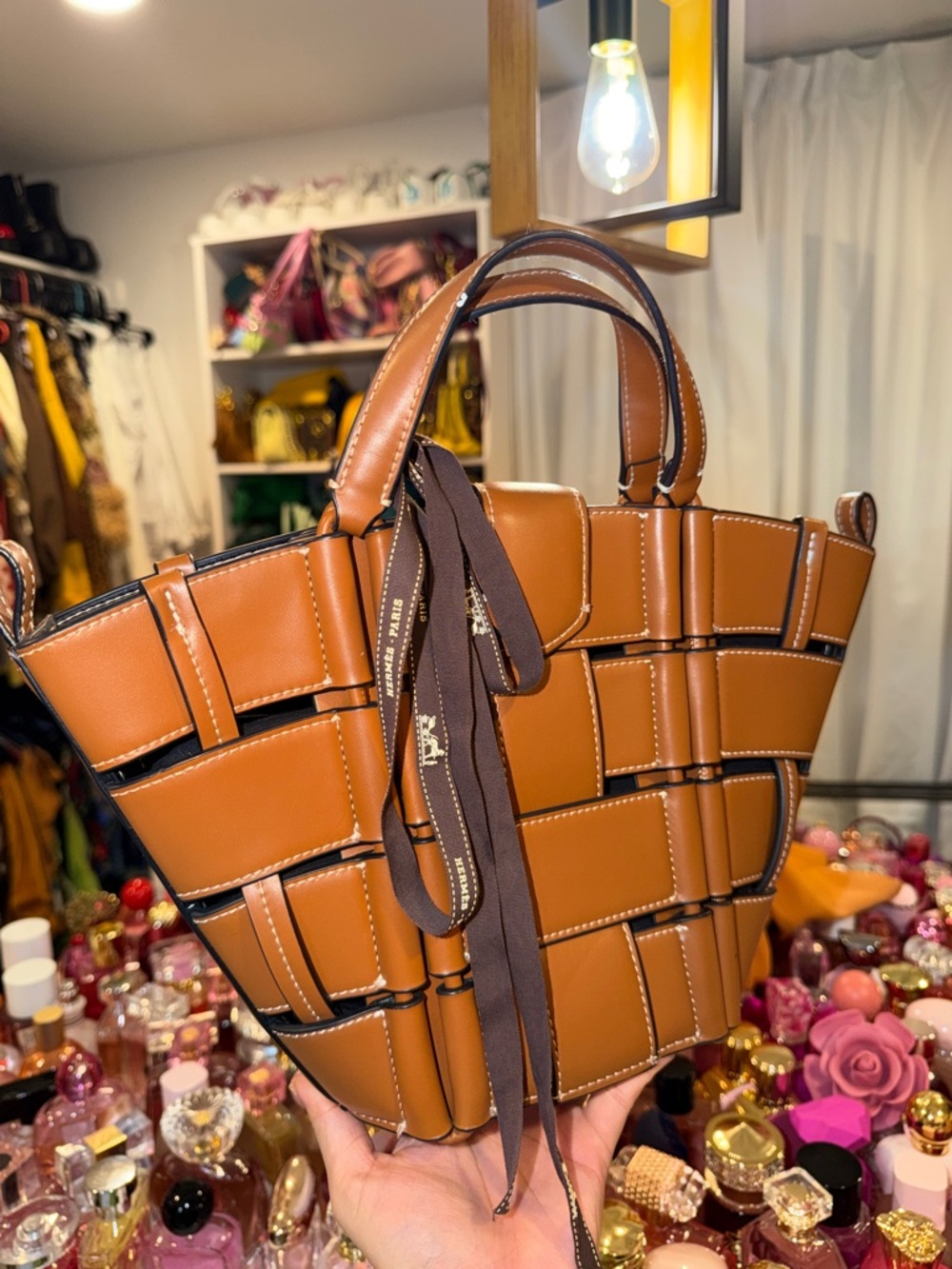 Zara Brown Woven Tote Bag with Ribbon Accent